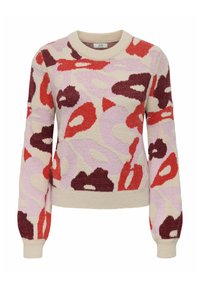 Pull en tricot crème, présentant un motif abstrait de formes rouges, bordeaux et lilas. Encolure ronde et poignets côtelés.