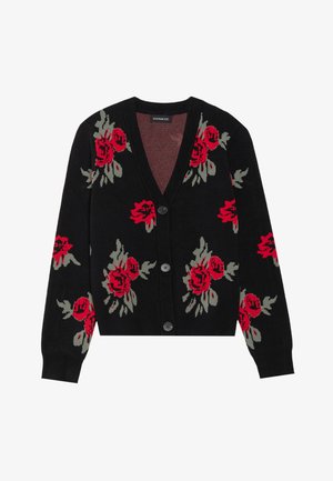 Svart cardigan med røde roser og grønne blader i blomstermønster, med V-hals og seks knapper foran.