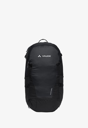 Mochila de senderismo negra Vaude Wizard 30+4 con múltiples compartimentos y correas ajustables, vista frontal sobre fondo blanco.