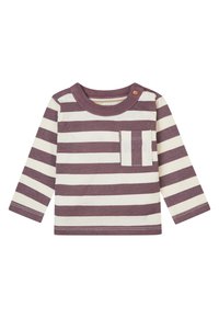 Langarm-T-Shirt in gestreiftem Pflaumen- und Cremefarben. Mit einer Brusttasche und Druckknopfverschluss an der Schulter. Aus weichem Baumwollstoff gefertigt.