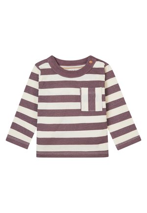Langarm-T-Shirt in gestreiftem Pflaumen- und Cremefarben. Mit einer Brusttasche und Druckknopfverschluss an der Schulter. Aus weichem Baumwollstoff gefertigt.