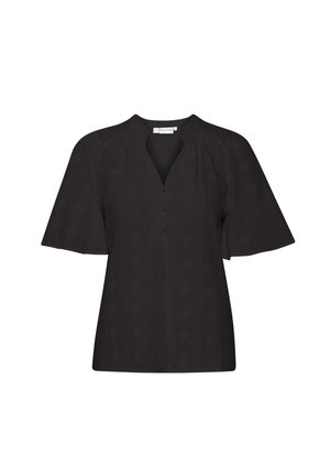 Sort bluse med korte pufærmer, V-udskæring og knapdetaljer. Har struktureret stof med vertikale mønstre for ekstra interesse.