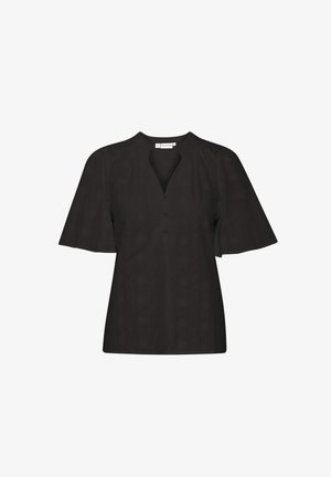 Must mustaga lühikeste puhvis varrukatega, V-kaelusega ja nööpdetailidega. Omab tekstuurset kangast, millel on vertikaalsed mustrid, et lisada huvi.