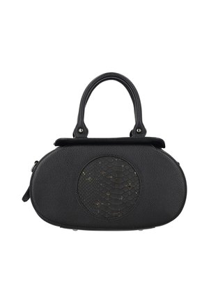 Geantă ovală neagră din piele texturată, cu două mânere și o pată rotundă cu model de reptilă centrată în partea din față.