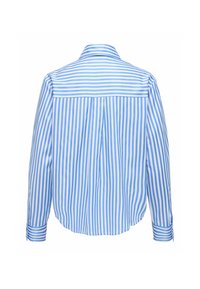 Chemise à manches longues bleu et blanc à rayures verticales sur le corps et horizontales sur le haut du dos et le col.