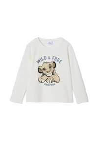 White long-sleeve shirt made from cotton, featuring a graphic of a lion cub with the text "WILD & FREE" and “SINCE 1994” in grey.