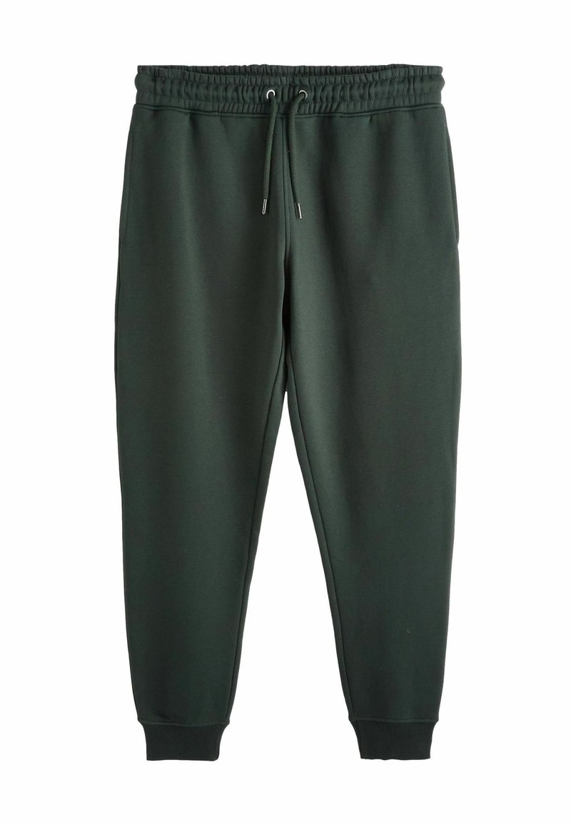 Donkergroene joggingbroeken van zachte stof, met een elastische tailleband met trekkoord en gebundelde enkels. Gladde textuur, geen patronen.