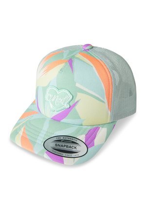 Snapback pet met een lichtgroene basis, voorzien van een meerkleurig tropisch bladerenpatroon, een gaasachterkant en een geborduurd hartlogo aan de voorkant.