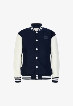 Marineblaue Collegejacke mit weißen Ärmeln. Verfügt über einen strukturierten Stoff, gerippte Bündchen und eine Frontöffnung mit weißen Knöpfen. Mit einem Logo-Patch akzentuiert.