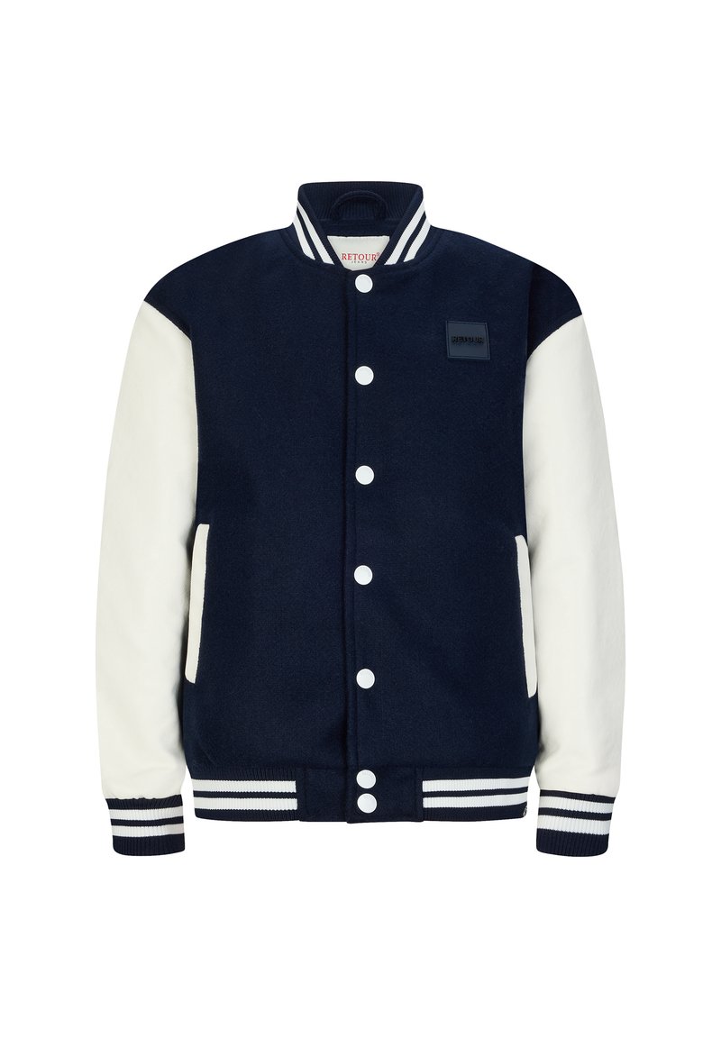Marineblauwe varsityjack met witte mouwen. Kenmerkt zich door een gestructureerde stof, geribde manchetten en een sluiting met witte knopen aan de voorkant. Vervaardigd met een logo-opdruk.
