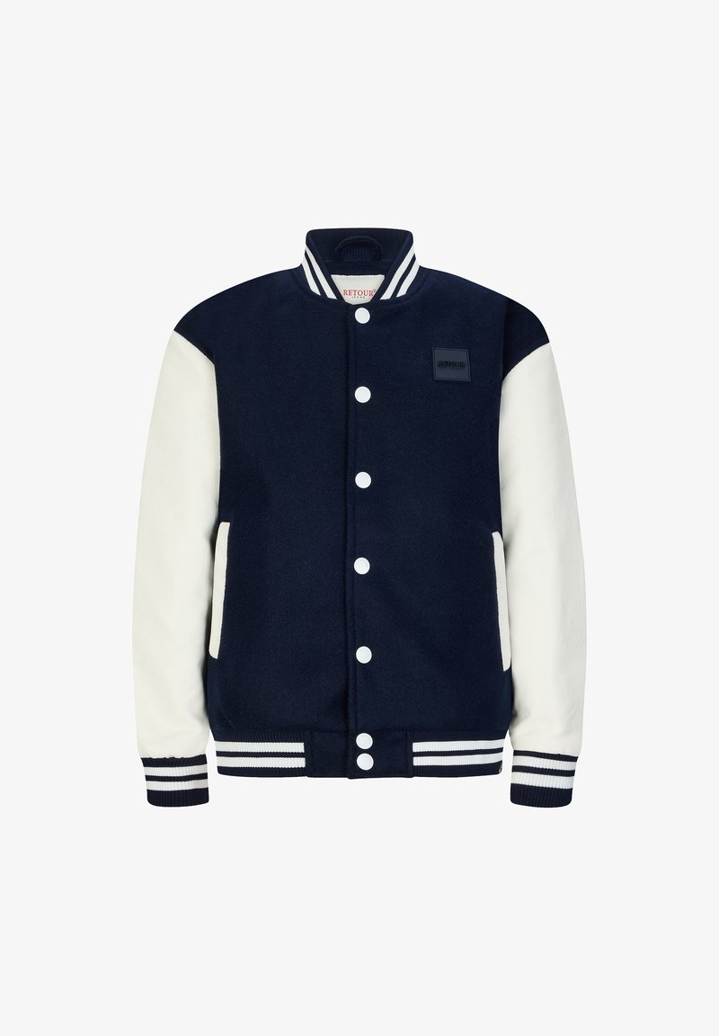 Giacca varsity blu navy con maniche bianche. Presenta un tessuto texturizzato, polsini a coste e una chiusura frontale con bottoni bianchi. Decorata con una toppa con logo.