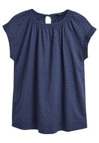 Navy blue blouse with short sleeves, gathered neckline, and decorative textured dots. Keyhole back detail and straight hemline.