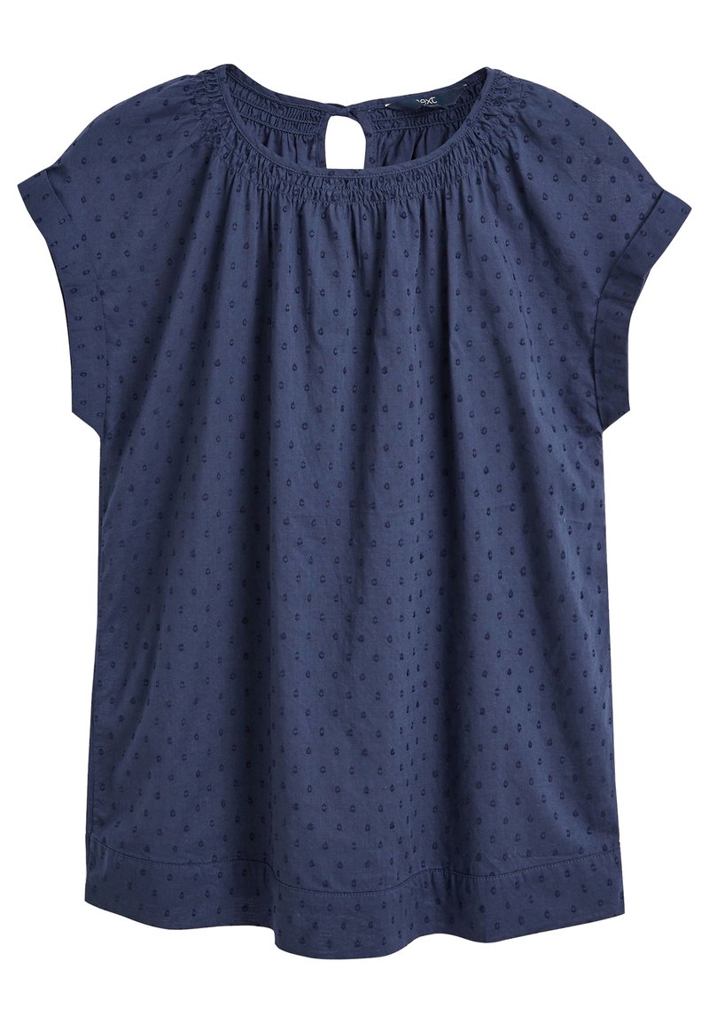 Navy blue blouse with short sleeves, gathered neckline, and decorative textured dots. Keyhole back detail and straight hemline.