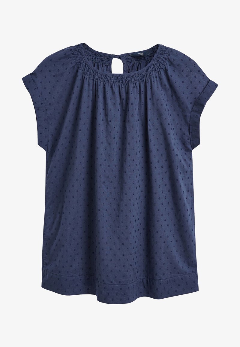 Navy blue blouse with short sleeves, gathered neckline, and decorative textured dots. Keyhole back detail and straight hemline.