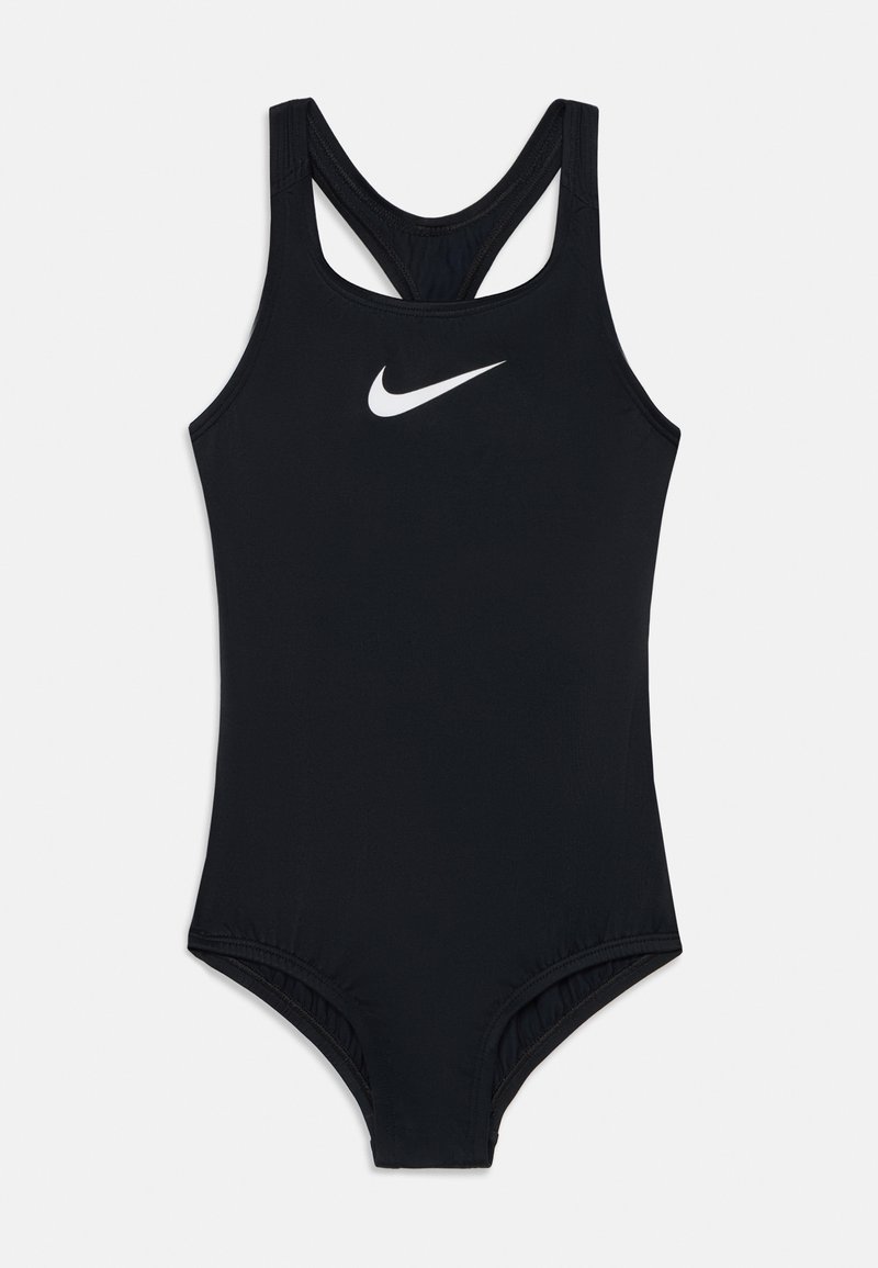 Fekete egyrészes fürdőruha, racerback kivitelben. Simma, rugalmas anyagból készült, és fehér Nike logó található a mellrészen.