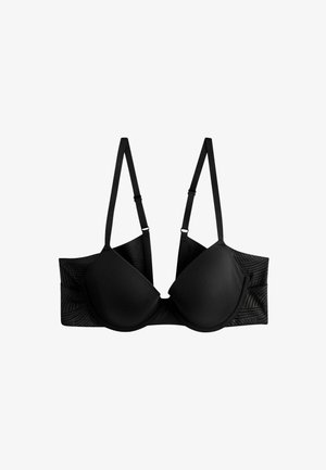 Czarny stanik z wyprofilowanymi miseczkami, regulowanymi ramiączkami oraz teksturowanymi bocznymi panelami z geometrycznym wzorem. Gładki materiał o smukłym fasonie.