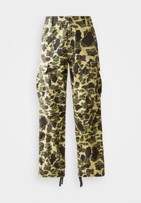 Men's straight-leg cargo pants with green, brown, and beige camouflage pattern, button closure, side pockets, and drawstring hems.