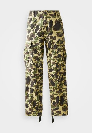Men's straight-leg cargo pants with green, brown, and beige camouflage pattern, button closure, side pockets, and drawstring hems.