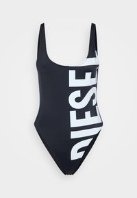 Maillot de bain noir une pièce avec un grand imprimé blanc "DIESEL", décolleté en scoop et jambes de coupe medium, fabriqué en tissu lisse et extensible.