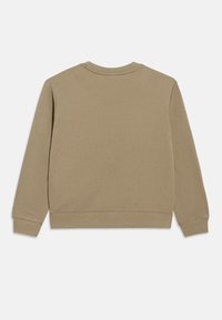 Ανοιχτό καφέ φούτερ κατασκευασμένο από βαμβακερό μείγμα υφάσματος, διαθέτει μακριά μανίκια, στρογγυλή λαιμόκοψη, ριμπ μανσέτες και τελείωμα, με απλή υφή.