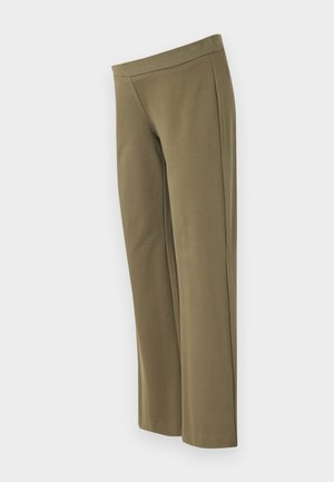 Olivgrön, vida byxor tillverkade av mjukt material, med en slät midja och minimala sömmar för en ren look.