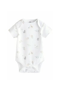 Weißes Baby-Body mit kurzen Ärmeln, der ein verspieltes Tierprint in Pastellfarben zeigt, darunter Giraffen und Elefanten, mit Druckknöpfen im Schritt.