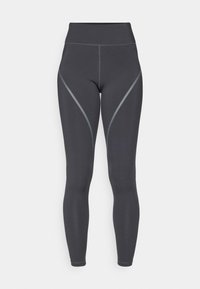 Leggings de tiro alto en gris oscuro, hechos de una tela elástica con paneles laterales en gris claro y una textura suave. Diseño sin costuras en todo su contorno.