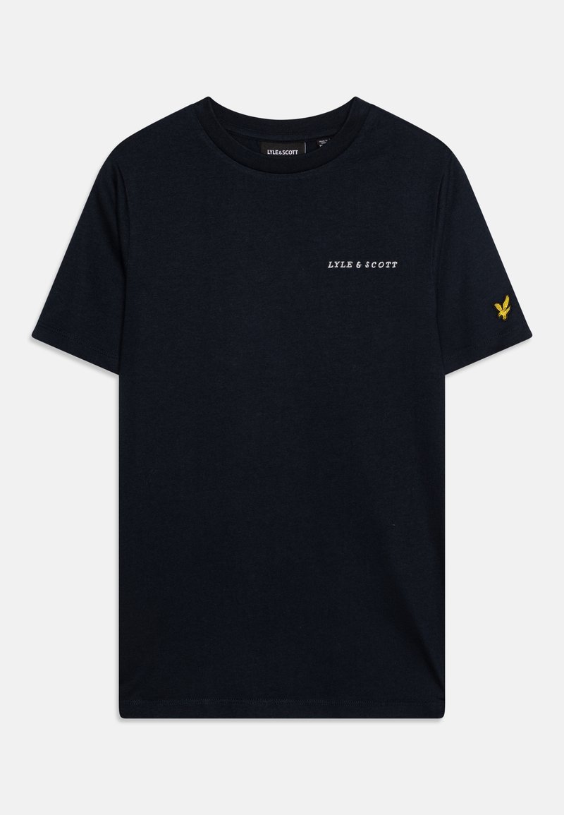 T-shirt en coton bleu marine à manches courtes. Présente un logo blanc "LYLE & SCOTT" sur la poitrine et un emblème d'aigle jaune sur la manche.