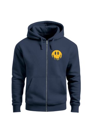 Navy zip-up hoodie made of soft fabric, featuring a yellow smiley face graphic with stitched accents on the front and front pockets.