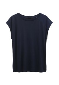 Námořnická modrá košile s krátkým rukávem a kulatým výstřihem, vyrobená z hladkého materiálu. Má raglánové rukávy a volný střih.