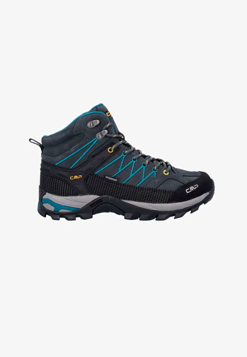 Scarpe da trekking nere con accenti grigi e teal. Presentano una parte superiore in sintetico testurizzato, punta rinforzata e una suola in gomma resistente per una migliore aderenza.
