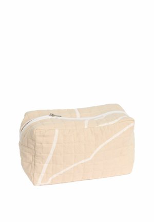 Béžové obdĺžnikové prešívané puzdro s bielymi abstraktnými čiarami a bielym zipsom na vrchu.