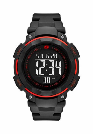 Reloj deportivo digital negro y rojo con esfera redonda que muestra la hora, la fecha y botones etiquetados como Luz, Inicio, Modo y Reiniciar.