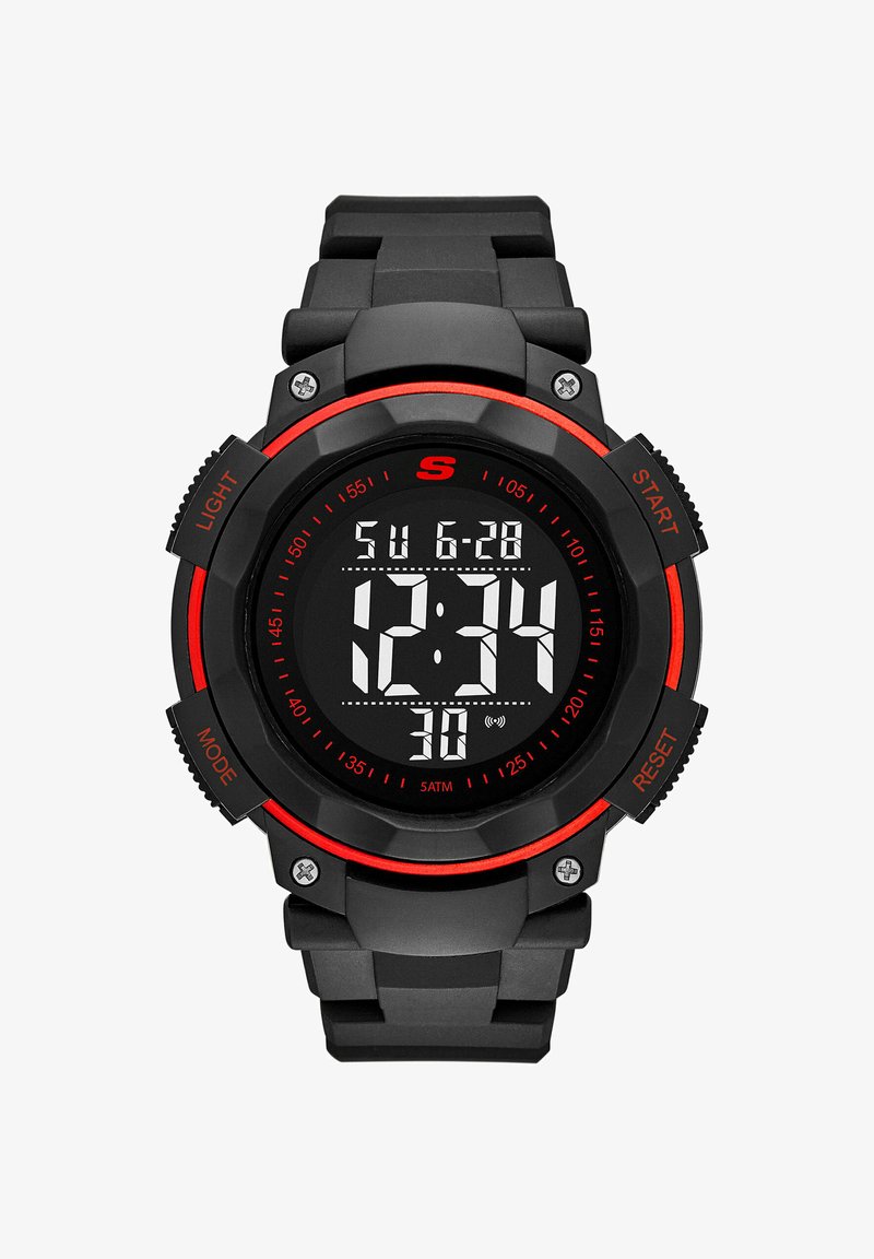 Orologio sportivo digitale nero e rosso con quadrante rotondo che visualizza l'ora, la data e pulsanti etichettati Light, Start, Mode e Reset.