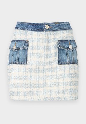 Denim mini skirt with a light blue and white check pattern, featuring two front pockets with denim accents and a button closure at the waist.