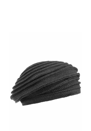 Black knitted beret with textured ribbed pattern and soft folds, designed for comfortable headwear.
