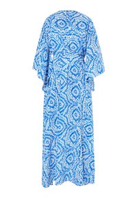 Rochie cu un model albastru și alb, cu un design fluid, având mâneci scurte, talie strânsă și motive circulare complicate pe întreaga suprafață.