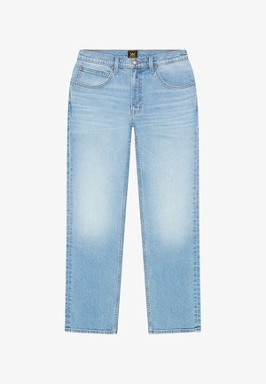 Lichtblauwe spijkerbroek met een rechte pijp, ontwerp met vijf zakken, knoopsluiting en een gebrandmerkt Lee-label op de tailleband.