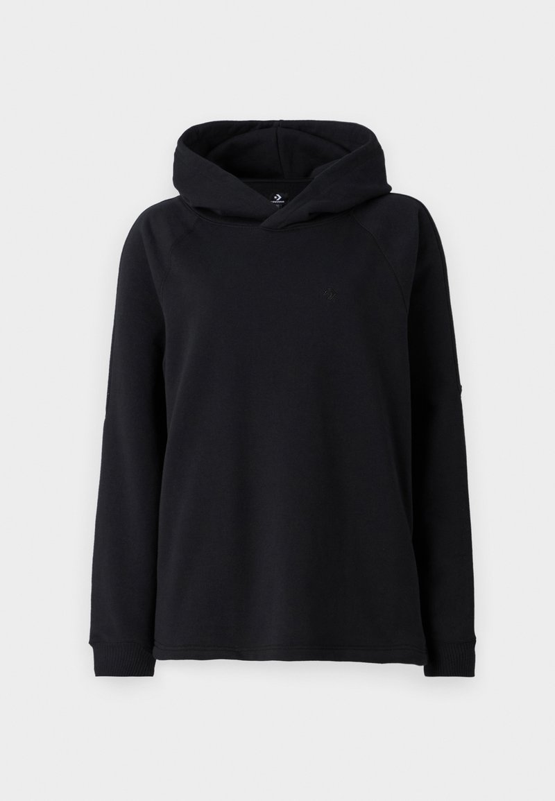 Felpa nera con cappuccio realizzata in tessuto morbido, caratterizzata da una vestibilità comoda, polsini a costine e una tasca a marsupio. Design semplice e classico.