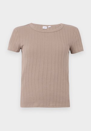 Short-sleeve beige ribbed knit t-shirt with crew neckline, displayed against a plain white background.