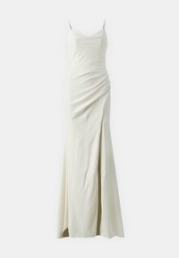 Robe blanche sans manches avec un décolleté en V profond, des détails froncés sur un côté et une fente haute jusqu'à la cuisse. Fabriquée dans un tissu lisse et fluide.