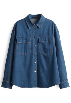 Dunkelblaue Jeanshemd mit Kragen, langen Ärmeln, zwei Brusttaschen und silbernen Druckknöpfen entlang der Vorderseite und an den Manschetten.