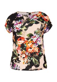 Bluse mit floralem Muster, die einen beigen Hintergrund mit lebhaften, mehrfarbigen Blumen zeigt. Kurze Ärmel und eine lockere Passform mit runder Ausschnitt.