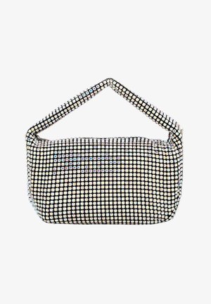 Schwarze Stoffhandtasche, die mit kleinen, glänzenden Strasssteinen bedeckt ist. Besitzt eine strukturierte Form und einen runden, gepolsterten Griff.