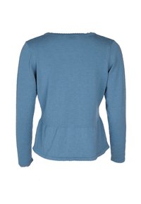 Blaues Langarmshirt aus strukturiertem Strickstoff mit einem Taillenvolant und einem gewellten Ausschnitt. Glatte, weiche Textur ohne Muster.