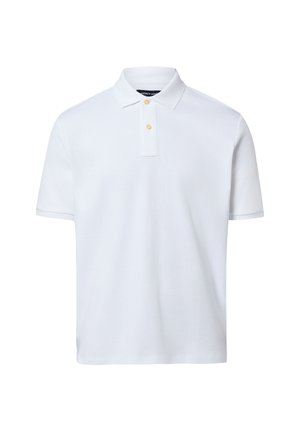 Polo blanc à manches courtes avec deux boutons beige et un col classique, présenté sur un fond blanc uni.