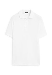 Bílá polo košile vyrobená z bavlněné směsi, s límečkem, skládající se ze tří knoflíků a krátkých rukávů. Jednoduchý design.