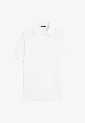 Witte polo-shirt van een katoenmix stof, met een kraag, drie knopen bij de hals en korte mouwen. Eenvoudig ontwerp.