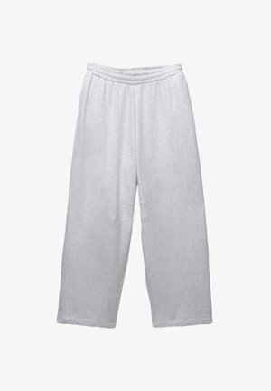 Light gray wide-leg sweatpants with gathered elastic waistband and subtle seam details, displayed flat on a white background.