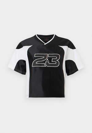 Maillot de sport noir et blanc à manches courtes avec le "23" et le logo Jumpman centrés sur le devant, avec des panneaux en mesh blanc sur les manches.